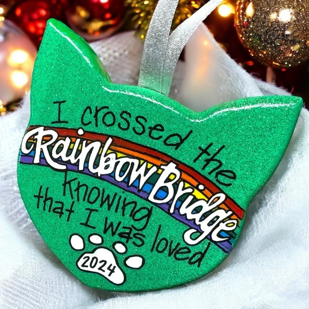 Purr-fect Tribute: Custom Hand-painted Rainbow Bridge Cat Ornament, Personalized
